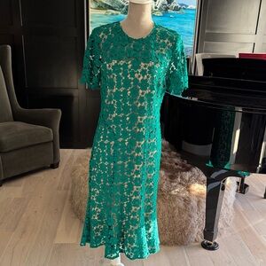 Shoshanna Teal Green Floral Lace Midi Dress